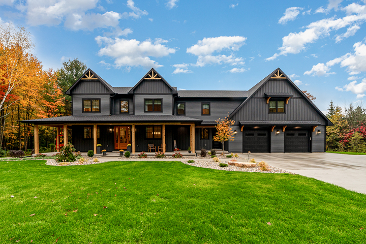 Exterior of modern gray sided home with black trim.